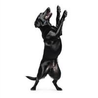 playful black Labrador retriever standing on its hind legs, showcasing its energetic personality and joyful demeanor. This popular family dog is known for its friendly nature and loyalty photo