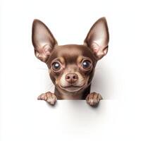 tiny Chihuahua with smooth coat peeks over white surface, showcasing its large expressive eyes and perky ears. This lifelike image captures dog curious and playful nature photo