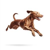 Vizsla dog in mid air, showcasing its athleticism and sleek build, exudes energy and joy. This high resolution image captures essence of playful and active breed photo