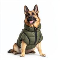 German Shepherd wearing stylish green puffer jacket, showcasing its playful personality and warmth. This captures essence of fashionable pet ready for outdoor adventures photo