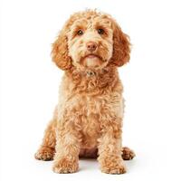 fluffy golden doodle dog with curly fur, sitting calmly and looking directly at camera, exuding friendly and playful demeanor photo