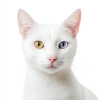 striking white cat with unique heterochromia, featuring one green eye and one blue eye, exuding calm and curious demeanor photo
