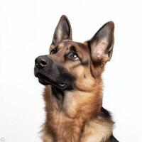 German Shepherd with striking coat gazes upward, showcasing its alertness and intelligence. This breed is known for its loyalty and versatility, making it popular choice for various roles photo