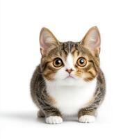 cute Munchkin cat with short legs and big eyes, showcasing its playful nature against white background. This adorable feline is sure to bring joy to any cat lover photo