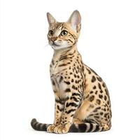 lifelike photo of Savannah cat showcasing its exotic hybrid features, with distinct spots and sleek body. This captivating feline exudes elegance and charm