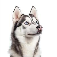 Siberian husky with striking blue eyes gazes thoughtfully, showcasing its beautiful fur and alert expression. This lifelike photograph captures essence of this working dog breed photo
