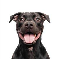 Happy Staffordshire Bull Terrier with joyful expression, showcasing its playful nature and friendly demeanor. This medium sized breed is known for its loyalty and affection photo