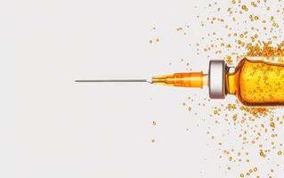 Close up view of vaccine syringe with orange liquid and droplets, symbolizing health and medical advancements. image evokes sense of hope and progress in healthcare photo