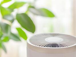 Air purifier with sleek design, enhancing indoor air quality, surrounded by greenery. soft glow adds calming atmosphere to space photo