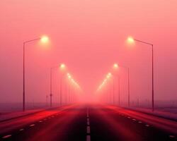 long road illuminated by glowing streetlights in foggy atmosphere creates mysterious and serene scene. soft pink hues enhance tranquil mood of landscape photo