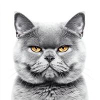 British Shorthair cat with round face and striking golden eyes, showcasing its unique features and expression. This sharp image highlights breed distinct characteristics and charm photo