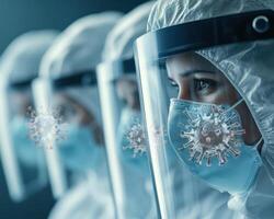 Close up of medical professionals wearing protective face shields and masks, emphasizing safety during health crisis. image conveys sense of urgency and dedication to public health photo
