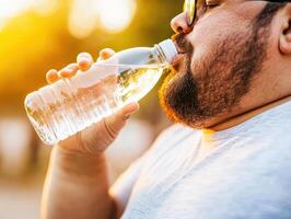 Overweight person drinking clear water in sunny outdoor setting, enjoying hydration and relaxation. warm sunlight enhances refreshing moment photo
