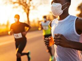 Runners in marathon wearing masks, showcasing determination and focus during sunny day. vibrant atmosphere highlights spirit of competition and health awareness photo