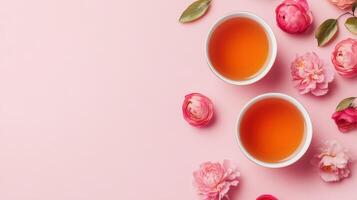 Delicate floral tea with floating blossoms, surrounded by pink flowers, creates serene and inviting atmosphere. Perfect for relaxation and enjoyment photo