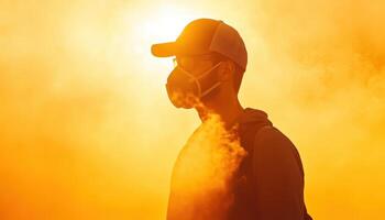 silhouette of person wearing mask against bright orange background, symbolizing health and safety in smoky environment photo