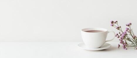 minimalist white tea cup with saucer, accompanied by delicate purple flowers, creates serene and elegant atmosphere. This composition is perfect for tea lovers and those who appreciate simplicity photo