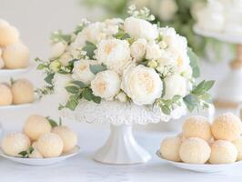 beautiful floral arrangement of white roses and greenery on cake stand, surrounded by soft, round pastries. elegant setup creates serene and inviting atmosphere photo