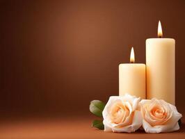 Elegant spa decor featuring glowing candles and soft roses creates serene atmosphere. warm tones enhance relaxation and tranquility, perfect for calming space photo