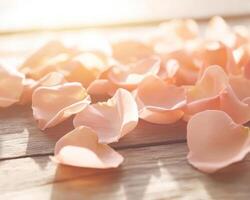 Soft rose petals scattered on wooden surface, creating calming and serene atmosphere. warm light enhances delicate beauty of petals, perfect for spa or relaxation setting photo