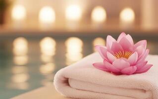 Luxurious spa interior featuring pink lotus blossom on soft towel, creating serene atmosphere with blurred lights in background photo