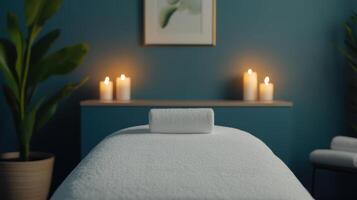serene spa setting featuring massage table with rolled towel, surrounded by glowing candles and lush plants, creating calming atmosphere for relaxation photo