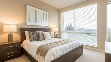 cozy urban bedroom featuring smart storage solutions, large windows, and modern decor. neutral color palette creates calming atmosphere, perfect for relaxation photo