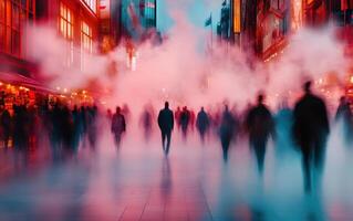 vibrant urban scene with people walking through fog, creating mysterious atmosphere. colorful lights and mist enhance lively city vibe photo
