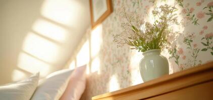 vintage inspired bedroom featuring floral wallpaper, soft lighting, and vase of delicate flowers on wooden dresser creates serene and inviting atmosphere photo
