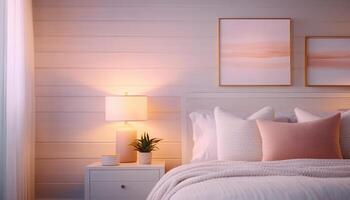 Cozy Scandinavian style bedroom with pastel accents, soft lighting, and serene atmosphere. Perfect for relaxation and comfort photo