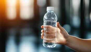 clear water bottle held in hand, showcasing hydration and refreshment. background is blurred, emphasizing bottle importance in healthy lifestyle photo