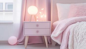 Cozy Scandinavian style bedroom with pastel accents, featuring pink nightstand, soft bedding, and warm lighting, creating serene atmosphere photo