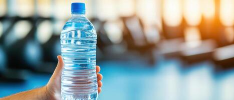 Clear bottle of water held in hand, gym atmosphere, vibrant background, fitness motivation, hydration essential for workouts, healthy lifestyle photo