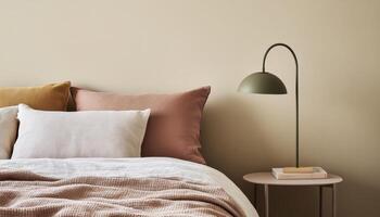 Cozy Scandinavian style bedroom with pastel accents, featuring soft bed, decorative pillows, and stylish lamp, creating warm and inviting atmosphere photo