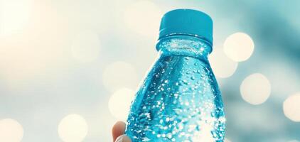 Close up of clear water bottle with droplets, held against blurred background. refreshing look evokes sense of hydration and vitality photo