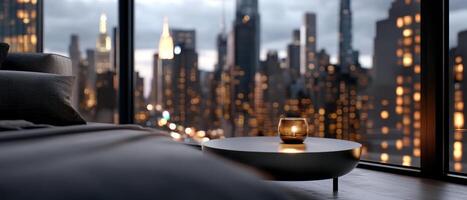 luxurious penthouse bedroom with panoramic city view at night, featuring cozy bed and stylish coffee table with candle. city skyline is illuminated, creating serene atmosphere photo