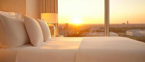 Luxurious penthouse bedroom with panoramic city view at sunset, featuring comfortable bed and soft pillows, creating serene and inviting atmosphere photo