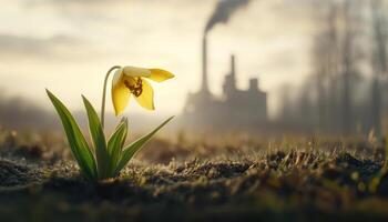close up of wilted yellow flower in field, with factory emitting smoke in background, highlighting contrast between nature and industrialization photo