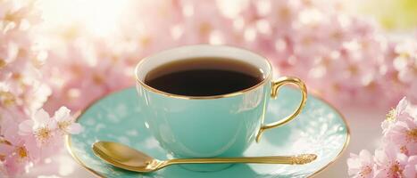 sophisticated floral tea cup with gold spoon, surrounded by pink blossoms, evokes serene and elegant atmosphere photo
