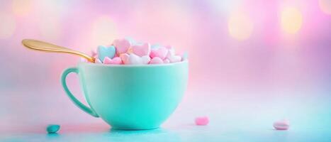 pastel colored cup filled with heart shaped candies and gold spoon, creating whimsical and sweet atmosphere. Perfect for celebrations or special occasions photo
