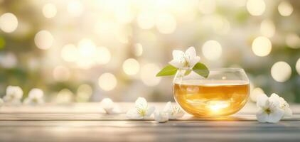 high end herbal tea in golden cup, surrounded by delicate flowers, creates serene and inviting atmosphere. soft bokeh background enhances tranquil mood photo