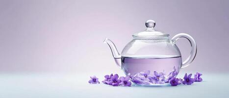 vibrant glass teapot filled with water and violet flowers creates serene atmosphere. delicate design and soft colors evoke sense of tranquility and elegance photo
