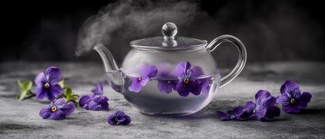 vibrant glass teapot filled with water and violet flowers, creating serene atmosphere. steam rising adds touch of warmth and tranquility to scene photo