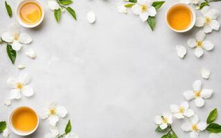 Luxurious jasmine tea surrounded by delicate white flowers and green leaves creates serene and inviting atmosphere. Perfect for relaxation and enjoyment photo