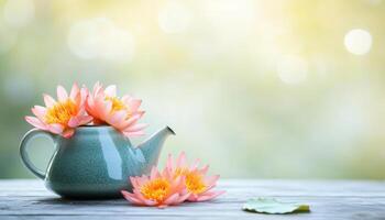 close up shot of teapot adorned with beautiful lotus flowers, creating serene and tranquil atmosphere. soft background enhances elegance of scene photo