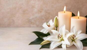 Elegant spa interior featuring white lilies and warm candles creates serene atmosphere. soft glow of candles complements delicate flowers, enhancing relaxation and tranquility photo