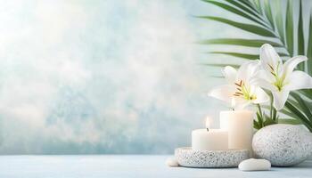 Luxurious spa setup featuring white lilies, candles, and smooth stones creates serene atmosphere for relaxation and rejuvenation. Perfect for wellness and tranquility photo