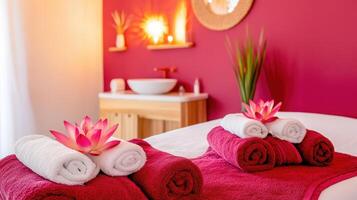 Luxurious spa room with beautiful lotus flowers, soft towels, and calming decor creates serene atmosphere for relaxation and rejuvenation photo