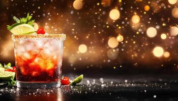 vibrant cocktail with ice, garnished with lime, cherry, and herbs, set against sparkling background. Perfect for celebrations and gatherings photo