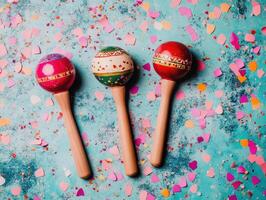 Colorful maracas on vibrant background with confetti, perfect for celebrations and festive occasions. These decorative instruments add joyful touch to any event photo